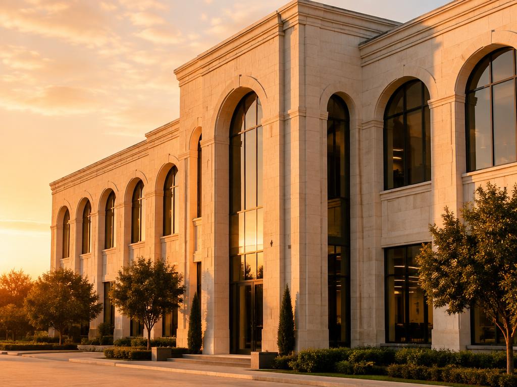 Limestone corporate facade at golden hour
